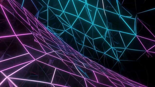 Futuristic 4K seamless animation background featuring a pattern of digital geometry waves with a vibrant purple mesh texture presented in an ultra wide angle and orthographic view creating a
