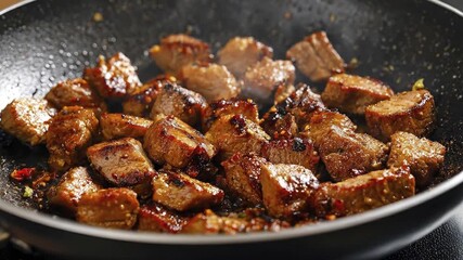 A captivating close-up shot of succulent diced meat sizzling and browning in a hot frying pan. The tender pieces are coated in a glistening, savory sauce, possibly infused with spices, creating an inc