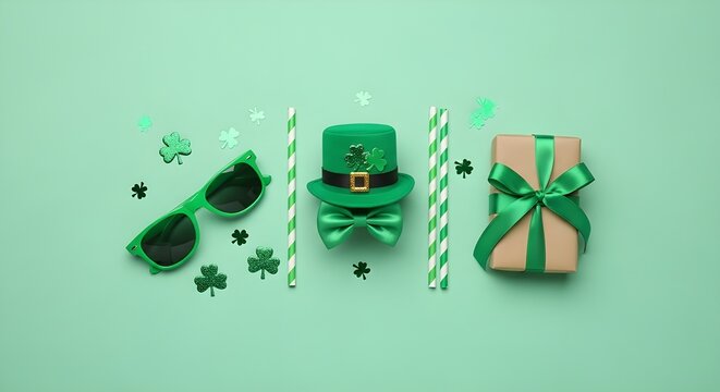 St patricks day accessories and gift on green background, flat lay style