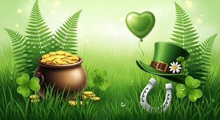 St patricks day scene with pot of gold, hat, horseshoe, and shamrocks