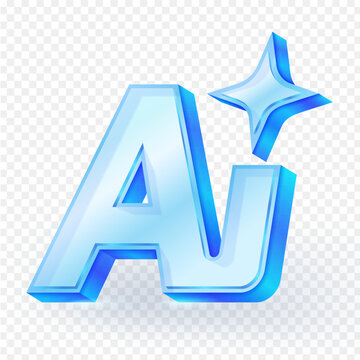 Glossy 3d AI icon in blue with sparkling star, representing artificial intelligence, technology and innovation. Perfect for tech related designs and digital projects. Vector illustration.