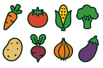 Colorful collection of fresh vegetables with simple illustrations showcasing carrots, tomatoes, corn, broccoli, and more