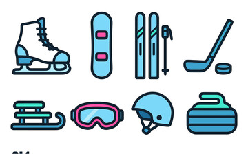 Winter sports equipment showcasing ice skates, snowboard, skis, hockey gear, sled, goggles, helmet, and curling stone