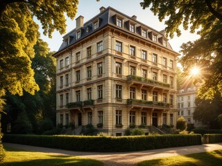 Fototapeta premium Elegant European Architecture: Historic Building with Balconies and Lush Greenery in Golden Hour Sunlight