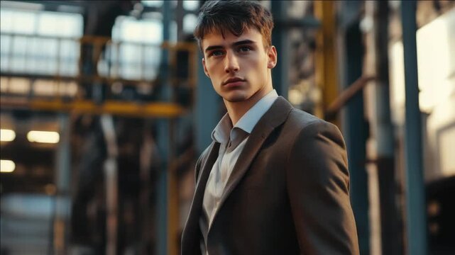Male model posing in an industrial warehouse with stylish business casual attire, blending modern elegance and urban sophistication.