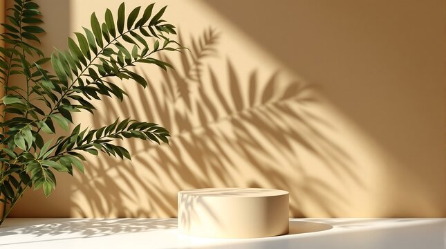 Beige cylindrical podium with tropical plant shadows background
