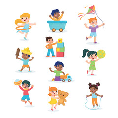 Joyful Kids Playing Together With Toys And Outdoors Activities Illustration Collection