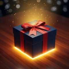 A beautifully wrapped gift box with a red ribbon and bow, glowing softly on a wooden surface with festive light effects in the background