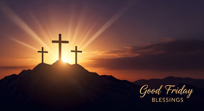 Three crosses stand atop a hill during a vibrant sunset for good friday