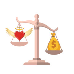 Justice Scale Balancing Love and Money Concept Vector. Heart with Wings vs Dollar Bag Illustration. Value and Finance Comparison Clipart.