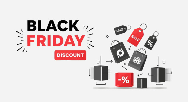 Black Friday sale advertisement with shopping bags and boxes on a white background.