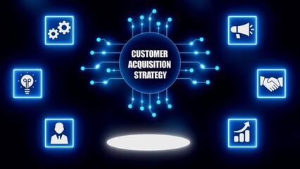 Naklejka premium Customer Acquisition Strategy Concept with Digital Network and Icons on Dark Background marketing business