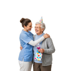 Caregiver and Elderly Woman Celebrating with a Hug – Joyful Moment of Togetherness and Festive Care