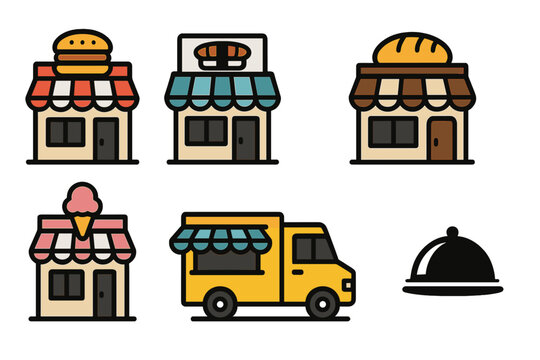 Food trucks and shops offering various fast food options with vibrant storefronts during the daytime