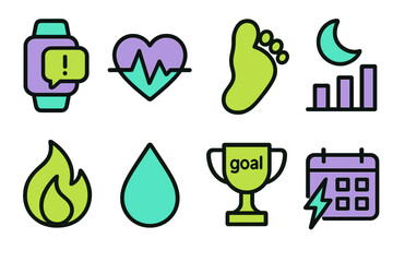 Health and fitness icons representing tracking progress, goals, and well-being in a modern lifestyle