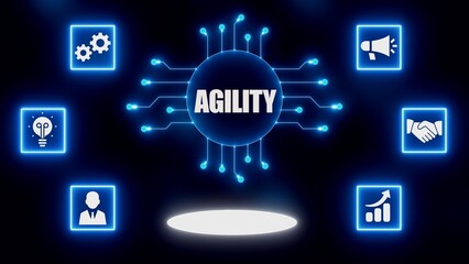 Digital Network Connecting Agility Icons with Gears Lightbulb Megaphone Handshake Chart and Person flexibility