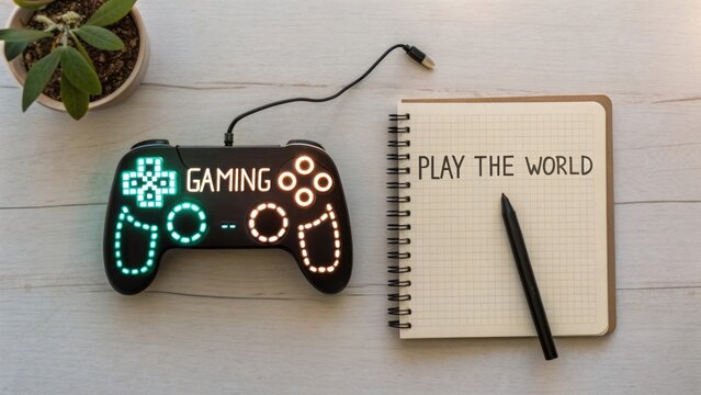 Glowing Gaming Controller and Notebook with Text