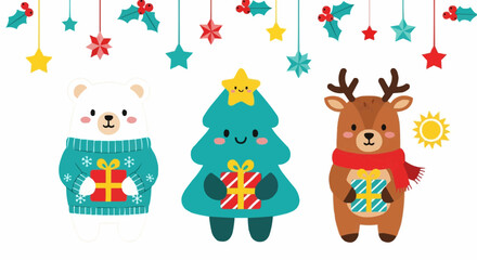 Fototapeta premium Festive Holiday Illustration with a Cute Cartoon Polar Bear, Reindeer, and Christmas Tree Holding Gifts