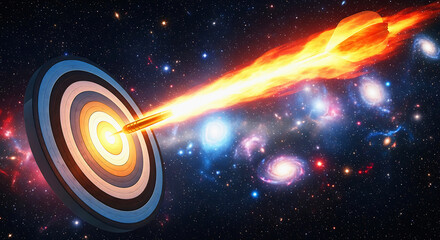 Dart hits target board on galaxy background with cosmic fiery trail