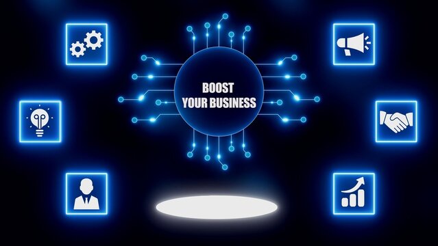 Digital network with central text BOSTYOURBUSINES surrounded by glowing blue icons representing business concepts