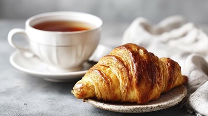 A delightful, golden-brown flaky pastry is beautifully presented on a rustic ceramic plate, paired elegantly with a steaming cup of warm tea in a clean white mug. This inviting still life scene captur - Powered by Adobe