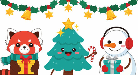 Fototapeta premium Adorable Christmas illustration of a red panda, a kawaii Christmas tree, and a snowman celebrating the holidays with gifts.