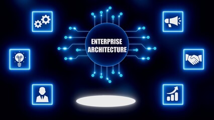 Enterprise Architecture concept with glowing icons and digital network on dark background business technology