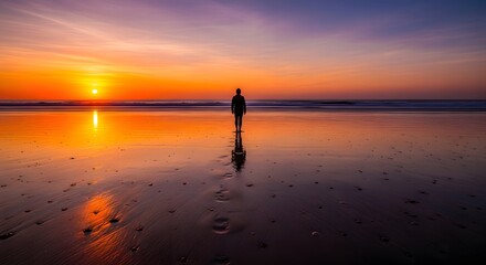 Lone Figure Walking Towards a Breathtaking Sunset Over the Ocean Reflecting on the Wet Sand Creating Footprints