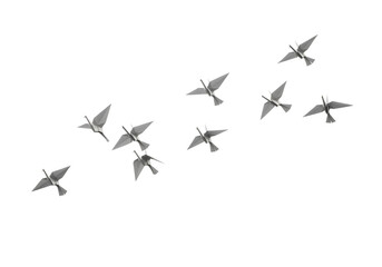 Origami birds flying in a flock of paper birds