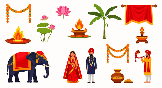 A collection of flat vector illustrations of several isolated Indian Hindu wedding elements. Perfect for culturally themed designs, wedding invitations, or festival illustrations. - Powered by Adobe