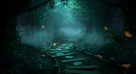 Mysterious journey through a misty rainforest path, inviting exploration and adventure with vibrant greenery and intriguing glowing mushrooms