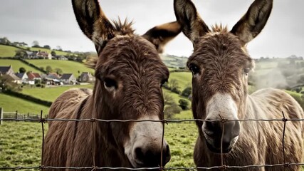 Two donkeys in a field behind a wire fence - Powered by Adobe