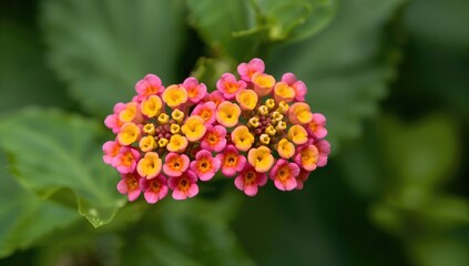 Multicolored pink and yellow flowers of Lantana camara, vibrant natural beauty, seasonal change