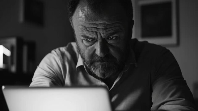 A bearded man deeply engrossed in his laptop, possibly solving a complex problem or analyzing data. The setting appears to be an office with a desk and a dimly lit ambiance.