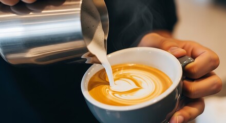 Close-up of a barista's skilled hands pouring steamed milk into a coffee cup, meticulously crafting beautiful latte art for a perfect morning beverage