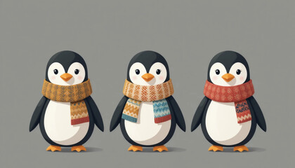 Fototapeta premium Illustration of a penguin wearing a flat colored scarf on a plain background
