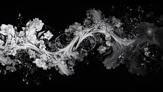 An abstract design resembling a graceful black wave, featuring a white floral pattern, suitable for editorial background