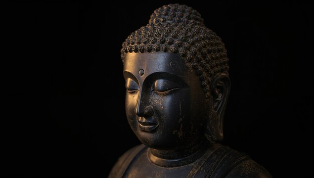 Buddha statue on a dark backdrop, a symbol of tranquility and focus