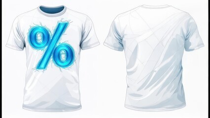 Front and back view of a white t-shirt with a blue percentage symbol design