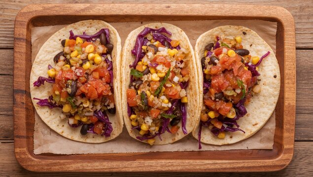 Mexican street tacos filled with vegetables and salsa served on a wooden tray, plant-based meal choice, World Vegan Day