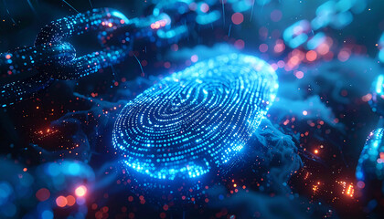 Cybersecurity Fingerprint: Illuminated fingerprint, representing digital identity and data security within a complex network, symbolizing the intricate web of digital infrastructure.