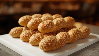 Italian bread sticks topped with sesame seeds on a white surface, ideal for serving appetizers