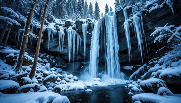 Frozen Wonderland: Majestic Winter Waterfall and Icicle Formation Amidst Snowy Forest Landscape