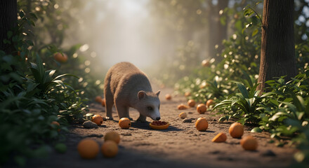 Adorable bear cub enjoying a healthy snack in enchanted forest, a serene wildlife scene with vibrant oranges, perfect for nature and conservation campaigns