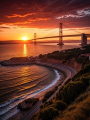 Golden Gate Sunset: A breathtaking view of the iconic bridge bathed in fiery hues over the calm waters of San Francisco Bay.