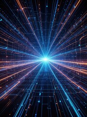 Futuristic Digital Tunnel: Glowing Blue and Orange Circuitry, Abstract Technology Background, Sci-Fi Concept, Data Stream Visualization