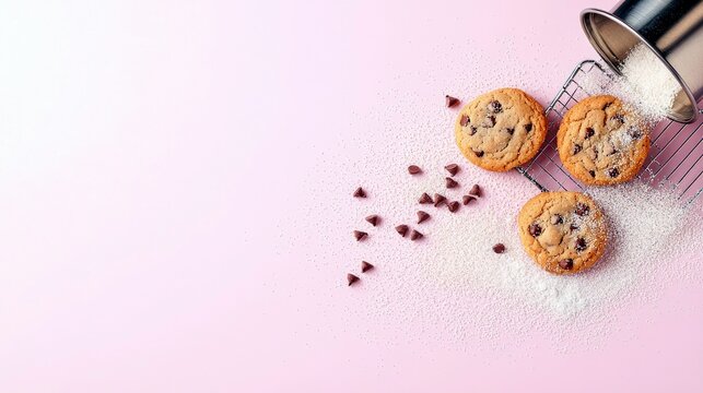 A few chocolate chip cookies are arranged on a cooling rack with sugar and chocolate chips spilled around them on a pink surface.