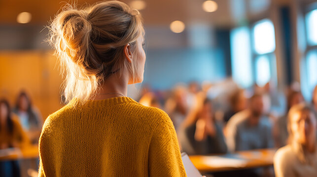 Woman speaker presentation conference audience seminar leadership event - Powered by Adobe