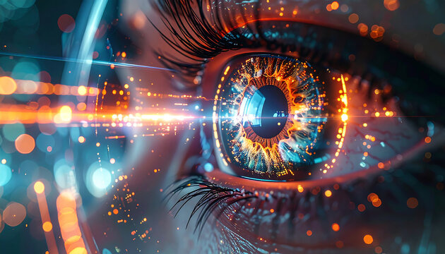 Vision of Technology: A close-up view captures the essence of a human eye interwoven with elements of technology.