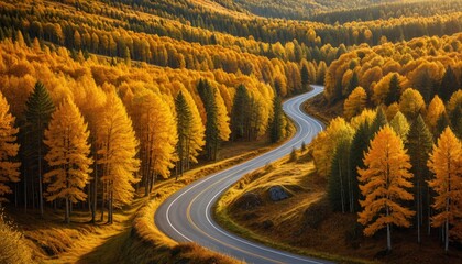 Golden Autumn Drive: Scenic Road Through Vibrant Forest Landscape - Fall Foliage Photography